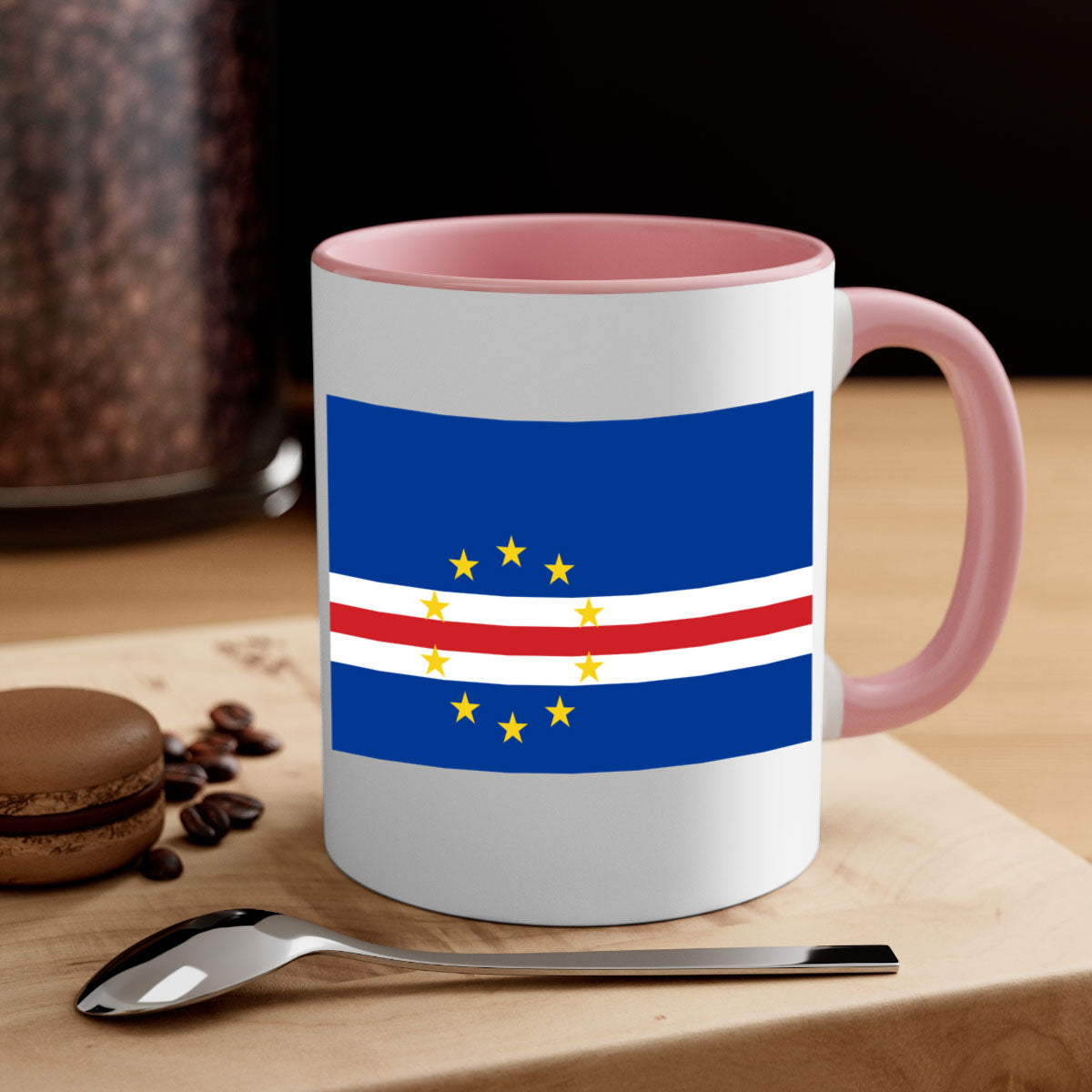 Cabo Verde 169# Mug featuring a glossy finish with a colorful handle and interior, available in multiple sizes.